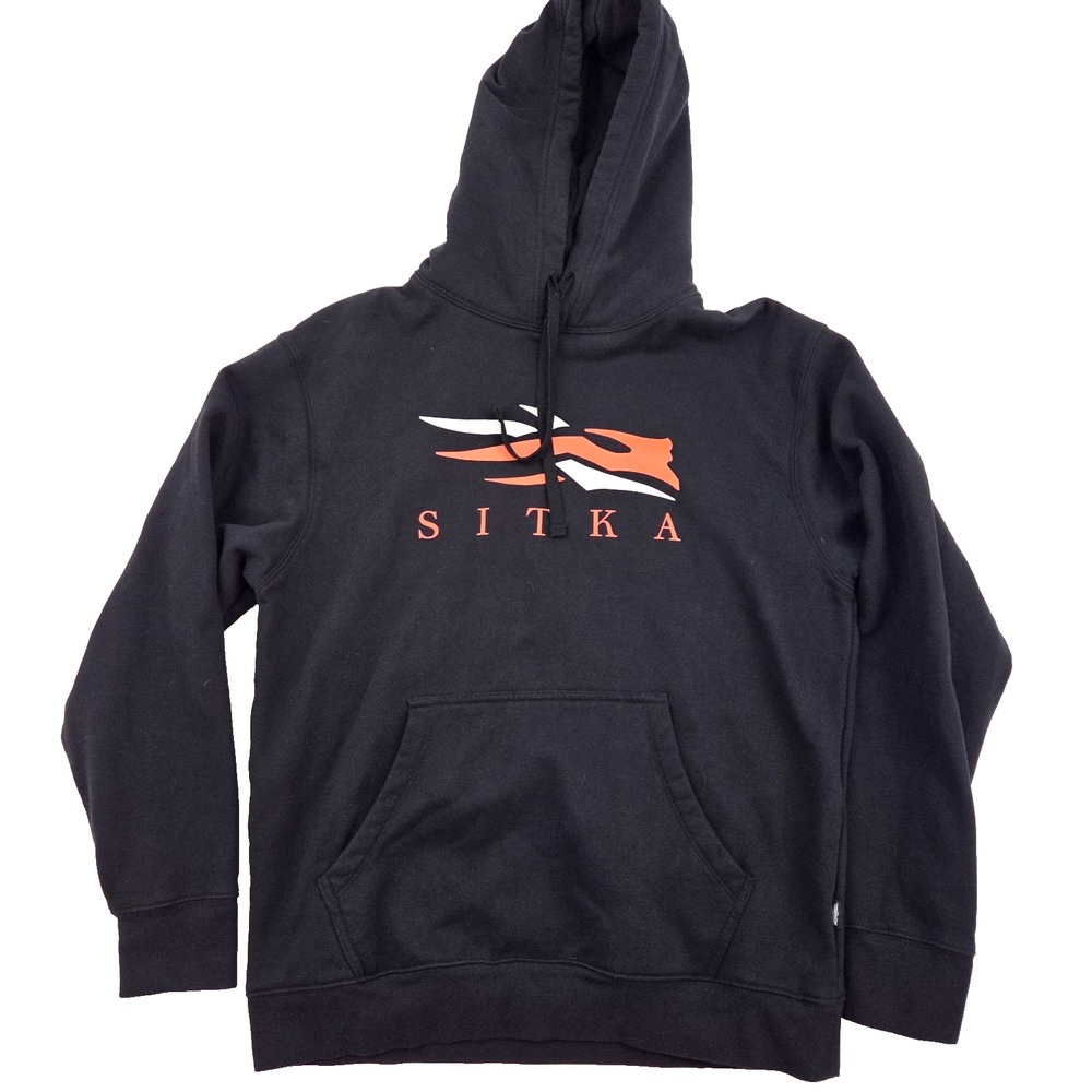 Sitka Mens Logo Pullover Hoodie Sweatshirt Black Graphic Fleece Large